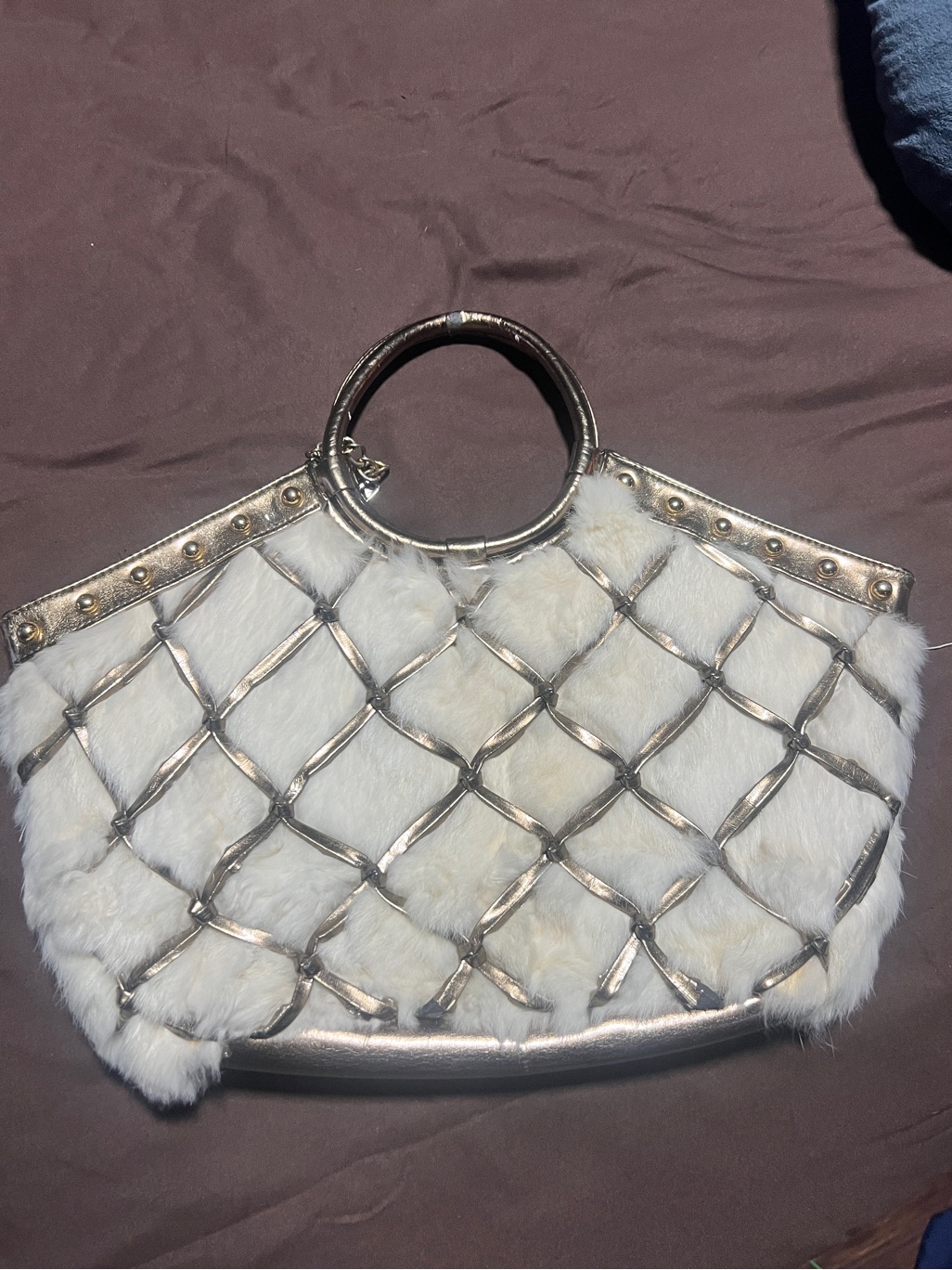 Rocawear White Rabbit Fur Tote With Metallic Trim